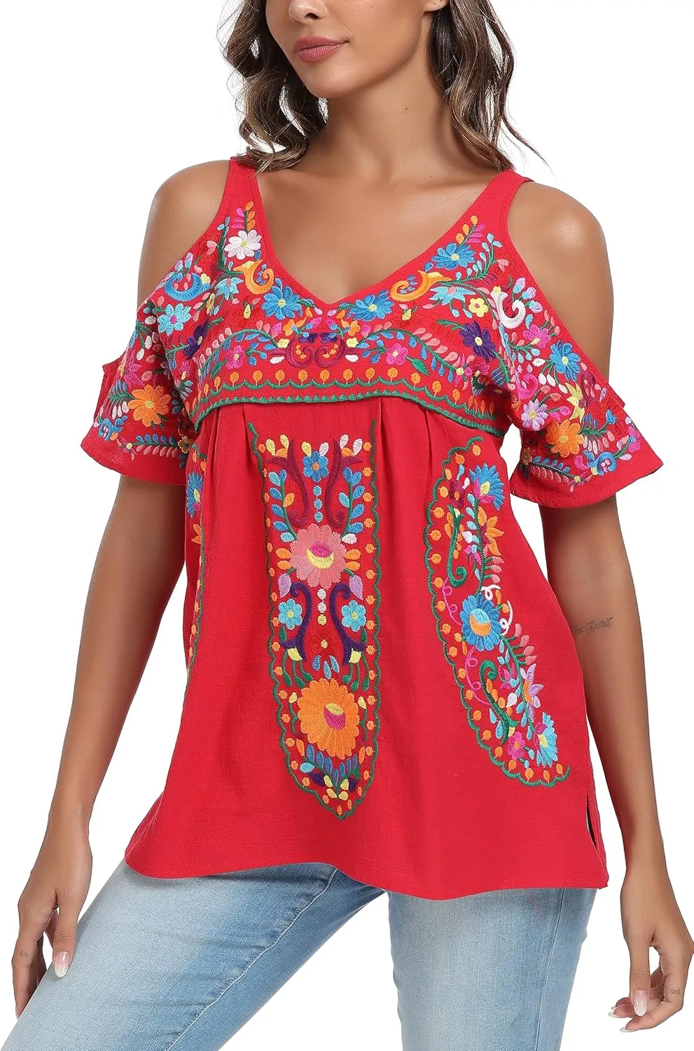YZXDORWJ Women's Mexican Tops Cold Shoulder V Neck Sexy Blouse Short Sleeve Shirts Embroidered Floral Tunic