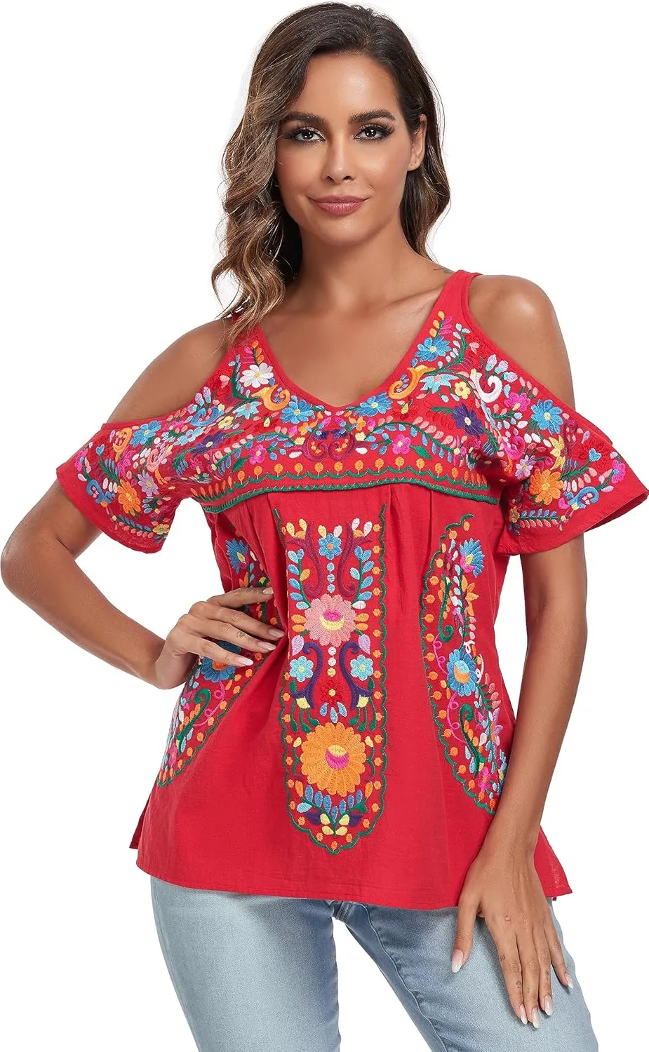 YZXDORWJ Women's Mexican Tops Cold Shoulder V Neck Sexy Blouse Short Sleeve Shirts Embroidered Floral Tunic