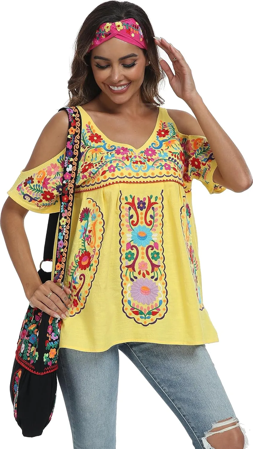 YZXDORWJ Women's Mexican Tops Cold Shoulder V Neck Sexy Blouse Short Sleeve Shirts Embroidered Floral Tunic