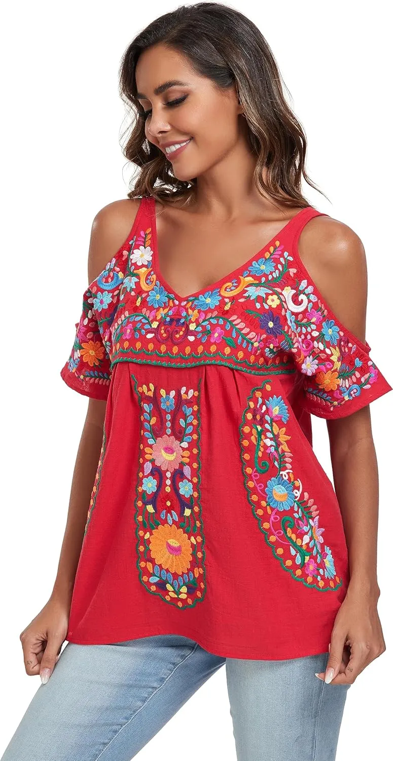 YZXDORWJ Women's Mexican Tops Cold Shoulder V Neck Sexy Blouse Short Sleeve Shirts Embroidered Floral Tunic