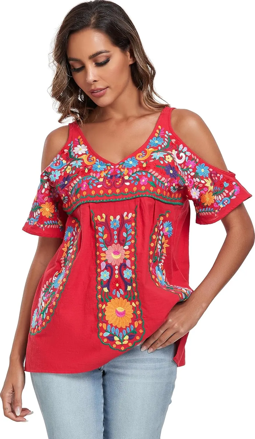 YZXDORWJ Women's Mexican Tops Cold Shoulder V Neck Sexy Blouse Short Sleeve Shirts Embroidered Floral Tunic