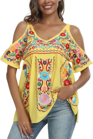YZXDORWJ Women's Mexican Tops Cold Shoulder V Neck Sexy Blouse Short Sleeve Shirts Embroidered Floral Tunic