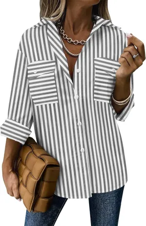 Zeagoo Womens Button Down Shirts Casual Long Sleeve Drop Shoulder Blouses Solid Color Dress Shirts with Pockets