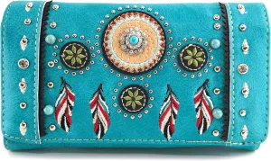 Zelris Tribal Native Dream Catcher Feather Concho Embroidered Crossbody Fold Wallet