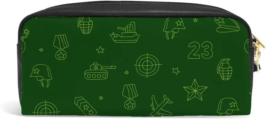 ZhiMi Luxury Pencil Case Leather Cosmetic Bag Women and Children Military Icons