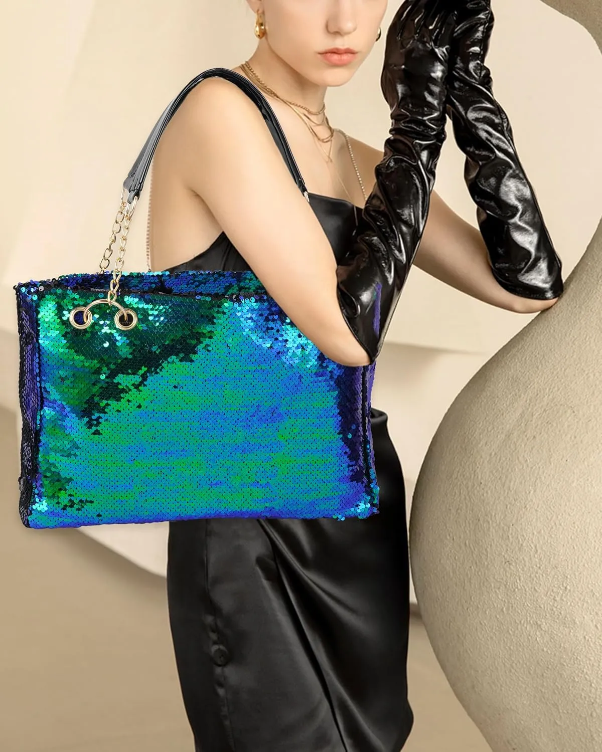 ZLM BAG US Women's Glitter Sequins Shoulder Tote Big Capacity Shimmer Shopping Bag Sparkling Handbag Purse
