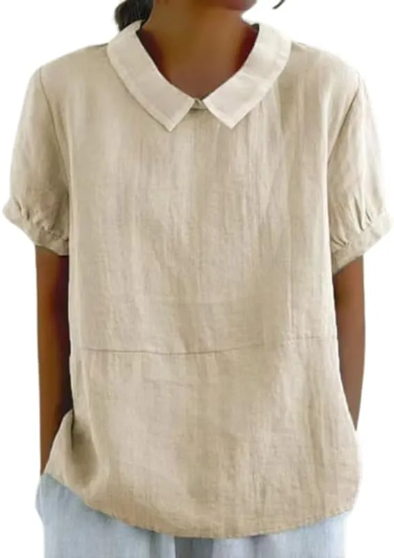 ZOCANIA Cotton Linen Shirts for Women Casual Short Sleeve Blouses for Women Dressy Summer Cute Tops Tunic Top