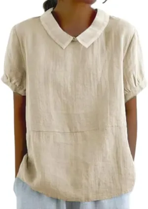 ZOCANIA Cotton Linen Shirts for Women Casual Short Sleeve Blouses for Women Dressy Summer Cute Tops Tunic Top