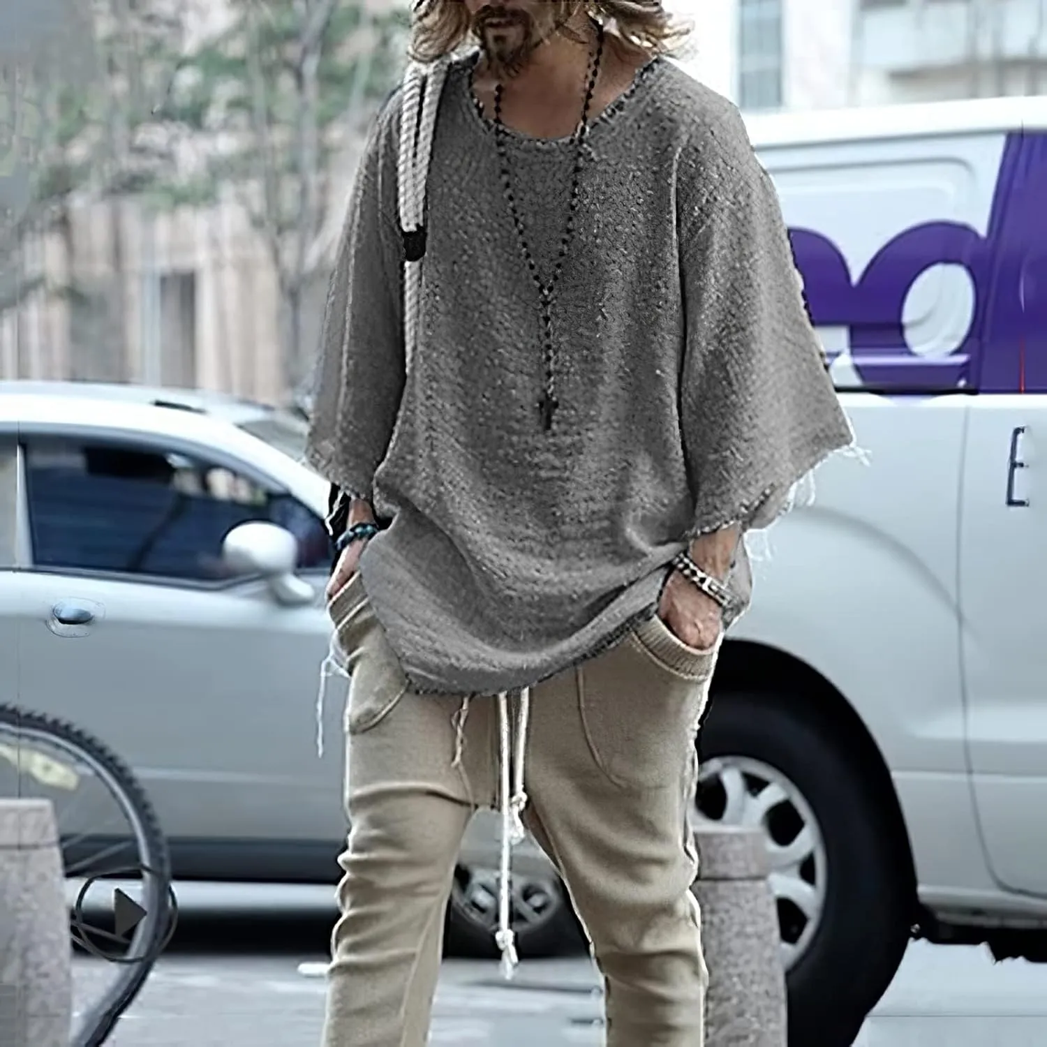 ZOCANIA Men's Fashion Linen Hip Hop Shirt Loose Fit Casual Vintage Distressed Frayed 3/4 Sleeve Top Fall Blouse Shirt