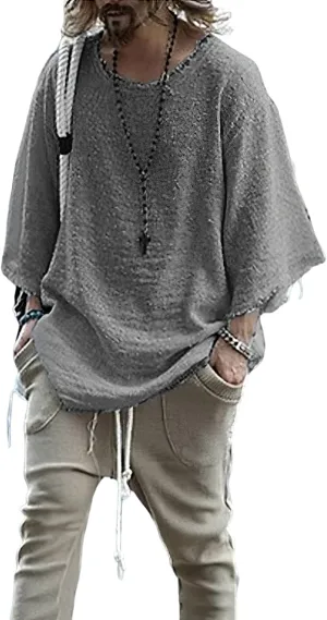 ZOCANIA Men's Fashion Linen Hip Hop Shirt Loose Fit Casual Vintage Distressed Frayed 3/4 Sleeve Top Fall Blouse Shirt