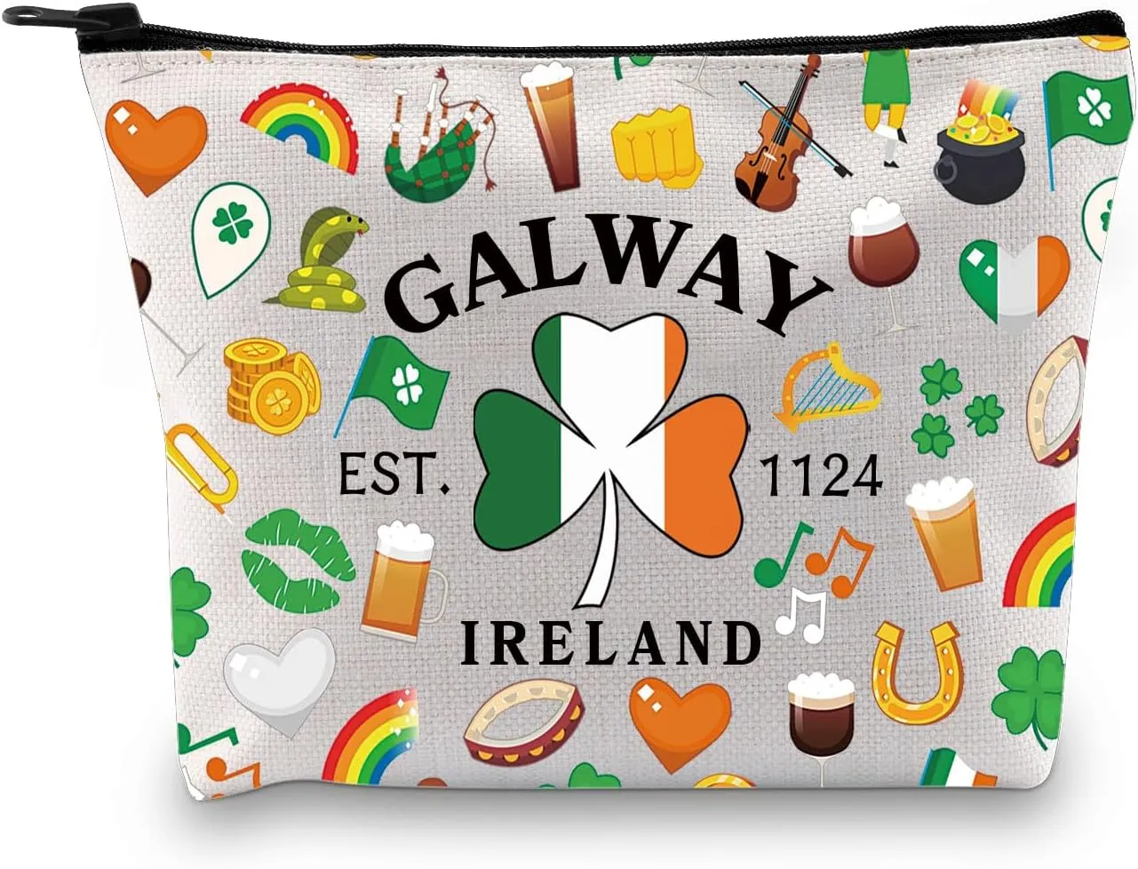 Zuo Bao Lucky Shamrock Cosmetic Bag Irish Gift Map Est 1124 Irish Pride Flag County Galway Galway Shamrock Vacation Travel Gift (GALWAY)